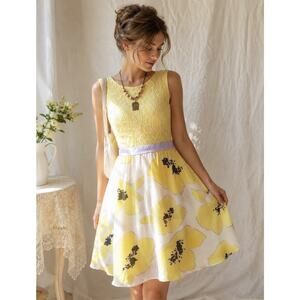 Studio One Yellow Floral Lace Fit Flare Dress Size 8 Spring Garden Party